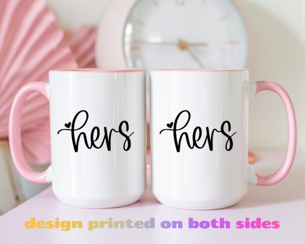 Two coffee mugs with the words " hers " and " hers ".