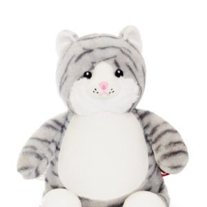 A stuffed cat with a white face and grey stripes.