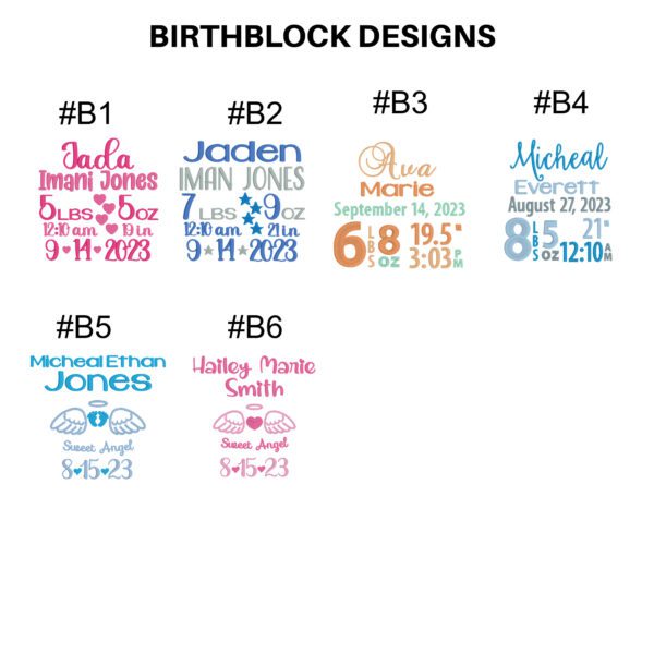 A series of birth announcement designs with names.