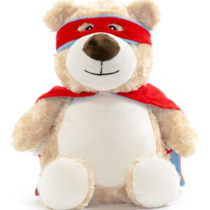 A stuffed bear with a red mask and a cape.