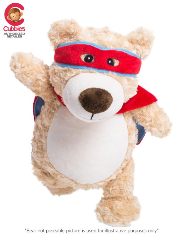 A stuffed bear with a red and blue mask on it's head.