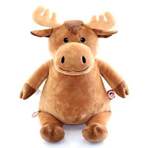 A stuffed animal moose is sitting on the floor.