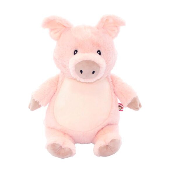 A pink stuffed pig with a brown nose.