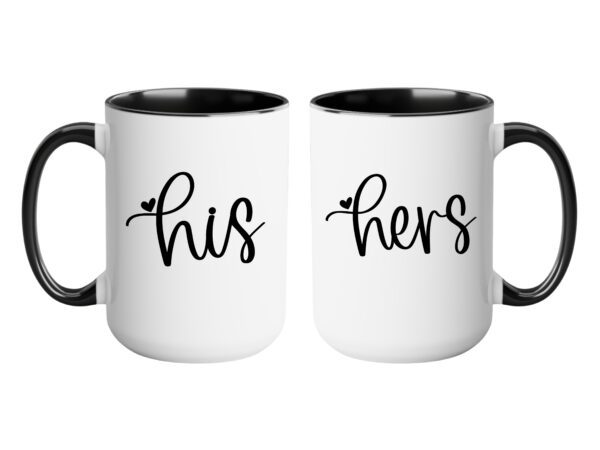 Two mugs that have the words " his " and " hers ".