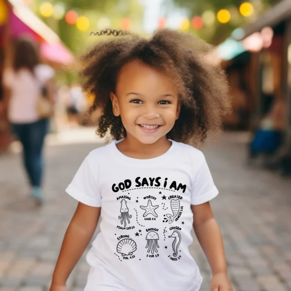 A little girl with a t shirt that says god says i am