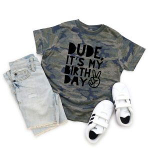 A pair of jeans and shoes with a t-shirt that says " dude, it's my birthday ".