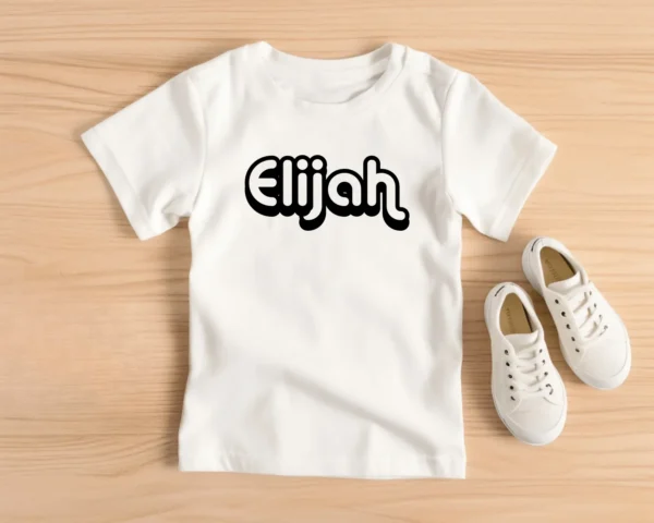 A white t-shirt with the name elijah on it.