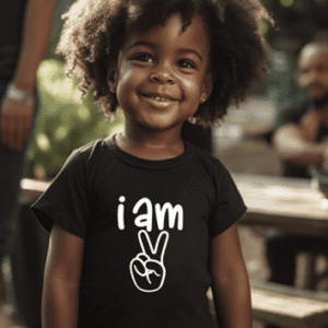 A young child wearing an i am peace sign shirt.