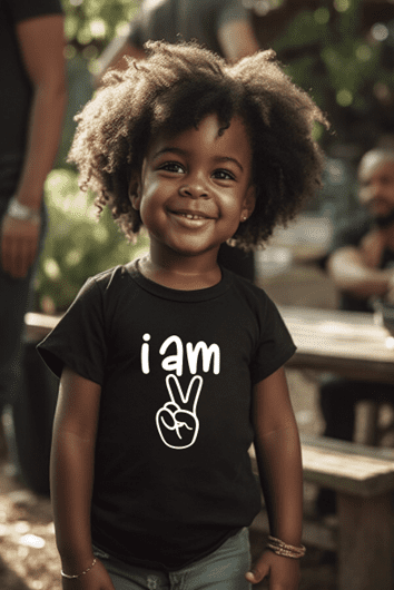 A young child wearing an i am peace sign shirt.