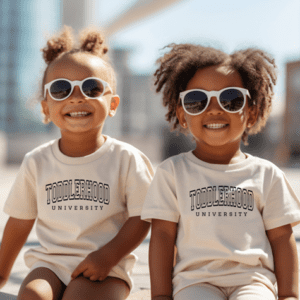 Two children sitting on the ground wearing sunglasses.