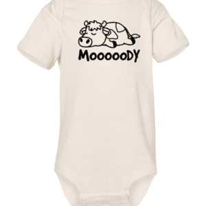 A white onesie with the word moooody written on it.