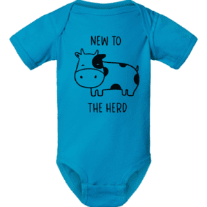 A blue onesie with an image of a cow.