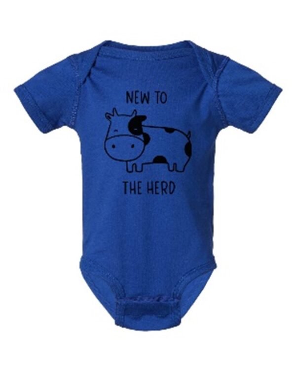 A blue onesie with an image of a cow.