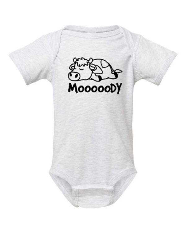 A white onesie with the word mooooody written in black.