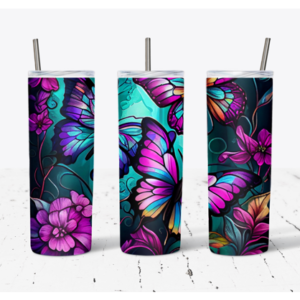 A trio of butterflies and flowers on a table.