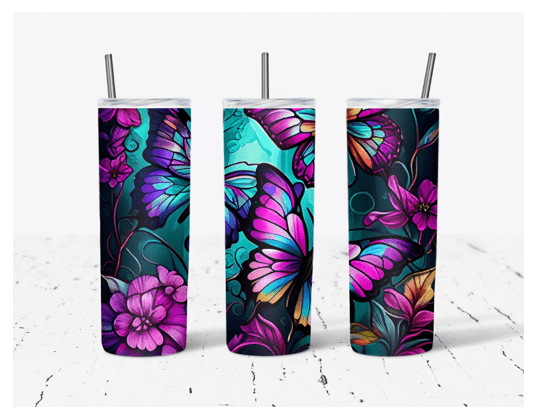 A trio of butterflies and flowers on a table.