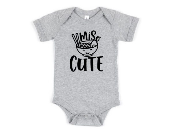 A gray onesie with the words miss cute written on it.